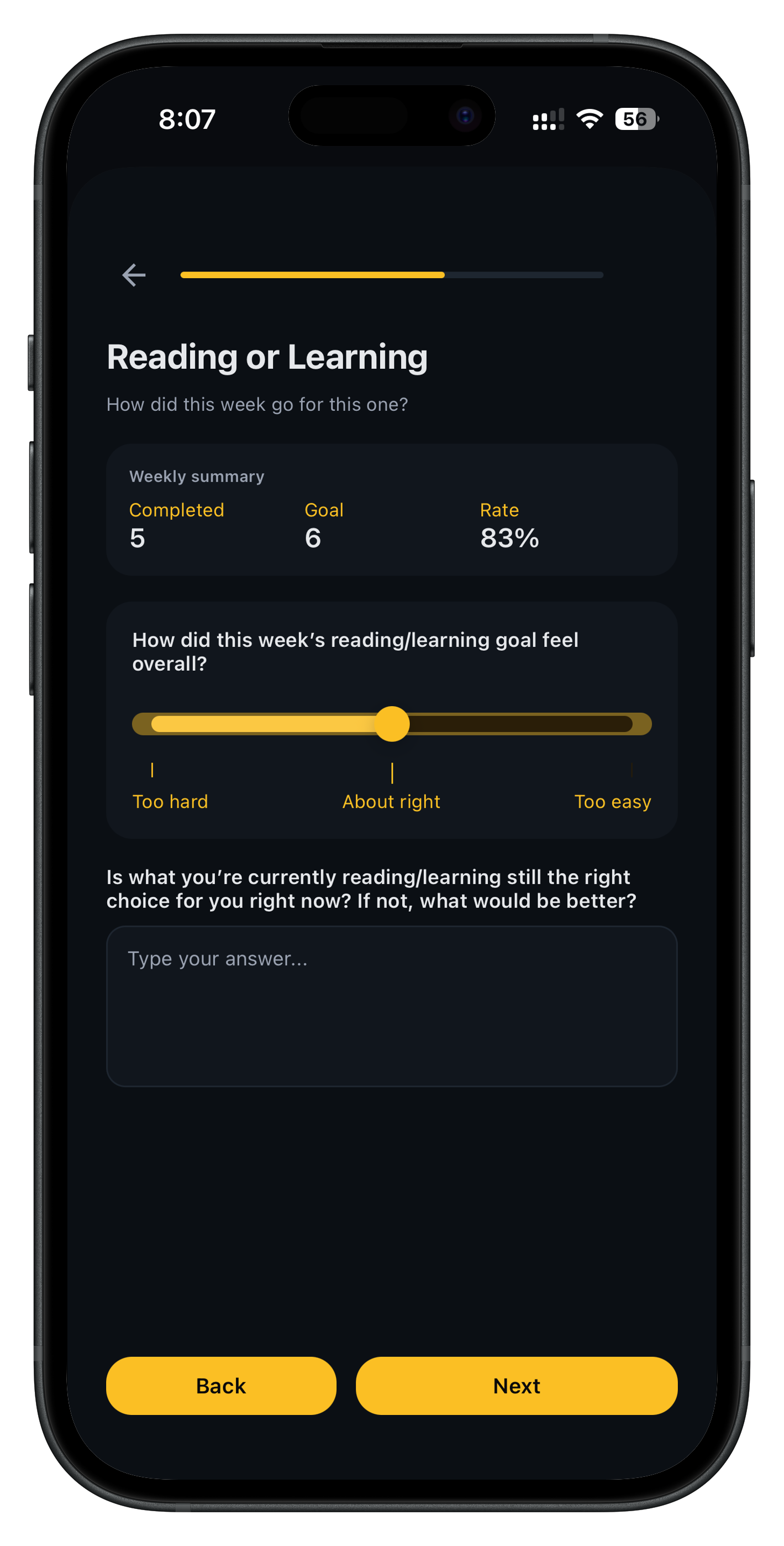 Weekly reset and adjustment screen